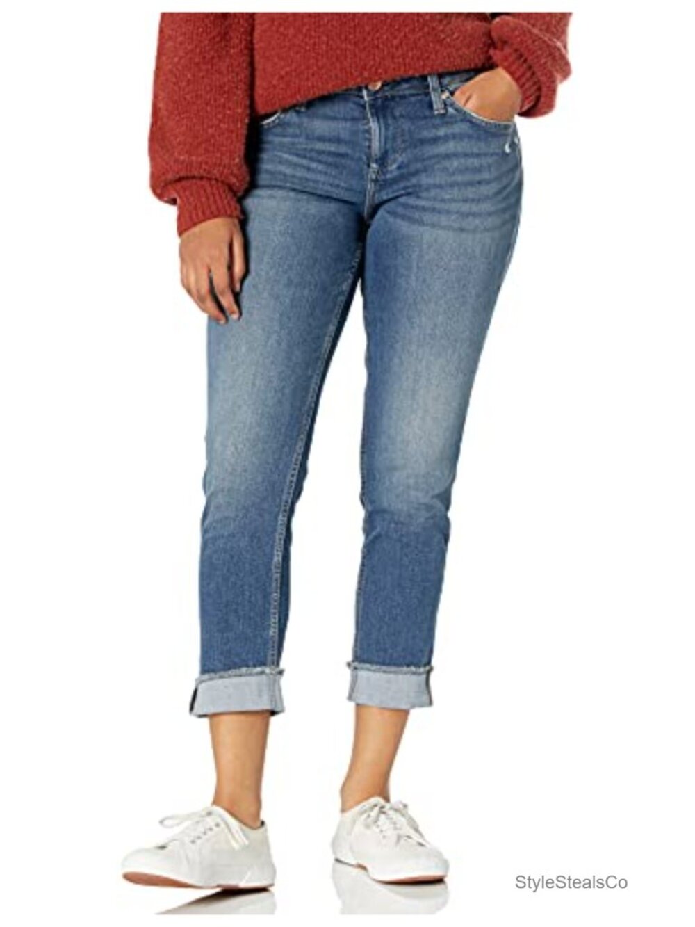 Fringe Cuff Boyfriend Jeans Mid Rise Cropped Stretch Denim Casual